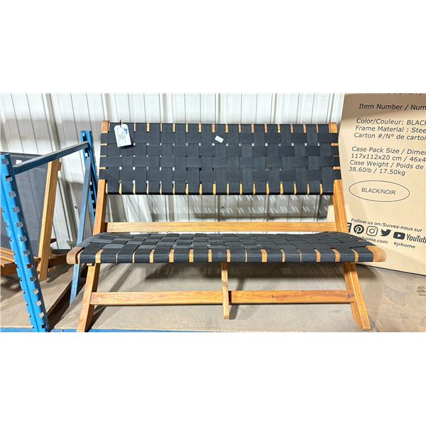 PATIOFLARE PF10014 TEAK FRAMED BLACK MESH FOLDING 2 SEAT OUTDOOR PATIO BENCH *IN BOX*