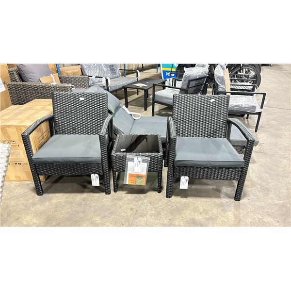 PATIOFLARE MELODY PF10029 BK BLACK PLASTIC RATTAN 3PCS OUTDOOR PATIO CHAT SET WITH GREY CUSHIONS