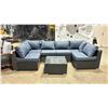 Image 1 : 7 PCS BLACK / BROWN RATTAN OUTDOOR PATIO SECTIONAL SET WITH BLUE CUSHIONS & GLASS TOP TABLE