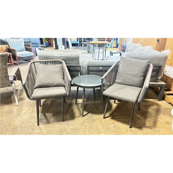 PATIO BLISS DARK GREY 3 PCS CORD WRAPPED GLASS TOP TABLE OUTDOOR PATIO CHAT SET WITH GREY CUSHIONS