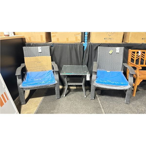 PATIOFLARE WHYLIE PF10024 BLACK 3PCS PLASTIC RATTAN OUTDOOR PATIO CHAT SET WITH BLUE CUSHIONS