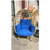 Image 1 : PATIO BLISS LIGHT BROWN RATTAN 5'H OUTDOOR PATIO EGG CHAIR WITH BLUE CUSHIONS