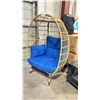 Image 2 : PATIO BLISS LIGHT BROWN RATTAN 5'H OUTDOOR PATIO EGG CHAIR WITH BLUE CUSHIONS