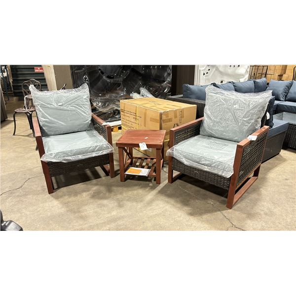 PATIOFLARE PF10165 COLTON 3PCS WOOD & PLASTIC RATTAN OUTDOOR PATIO CHAT SET WITH GREY CUSHIONS