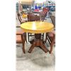 Image 2 : 11 CUSTOM WOOD 36" ROUND SINGLE PEDESTAL TABLES WITH ASSORTED MAHOGANY WOOD FRAMED PADDED ARM