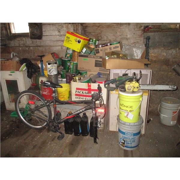 Giant Bike for Parts - Sprayers - Gas Cans - Chain Saw, Oil Stove - Misc.