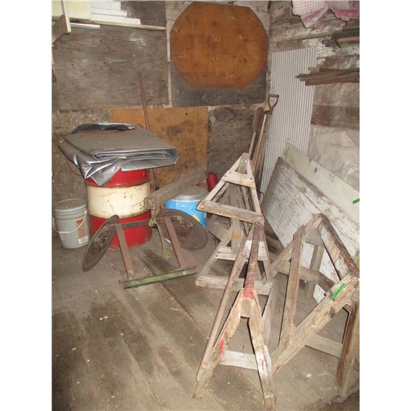 Wood Door 27 x 28 - Barrel - Saw Horses - Tarp - Misc.