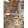 Image 1 : Wood Door 27 x 28 - Barrel - Saw Horses - Tarp - Misc.
