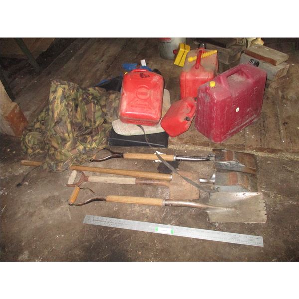 (4) Gas Cans - (8) Shingle Shovels - Misc.