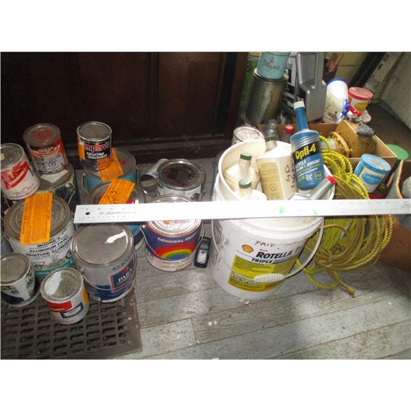 Assorted Cans of Paint - Parts Organizer - Cans of Assorted Nails, Rope, Water Pump