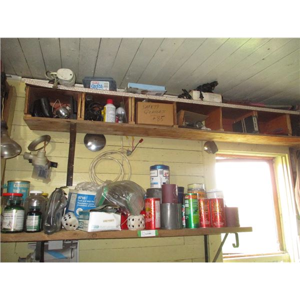 Assorted Contents of Shelves - Safety Glasses, Hair Clippers, Mirror Dice, Dust Masks