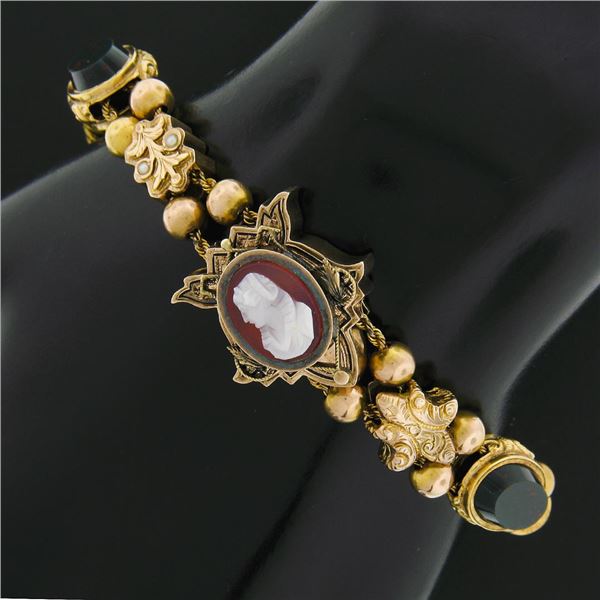 Antique 14K+ Gold 7" Agate Cameo Multi Shape Repousse Work Slide Charm Bracelet