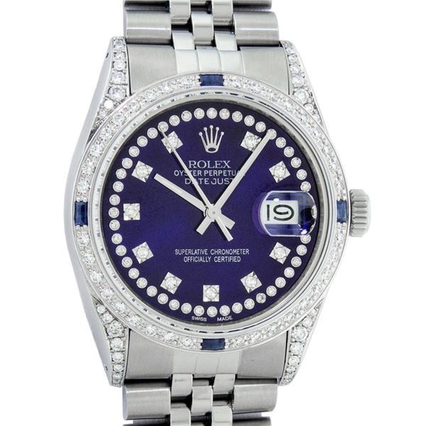 Rolex Mens Stainless Steel Blue String Diamond Lugs And Sapphire Datejust Wristw