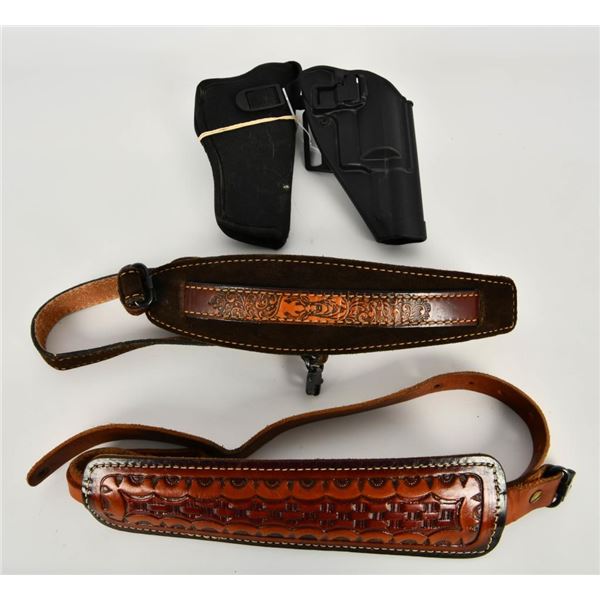 (2) Suede Leather Slings, (2) Holsters