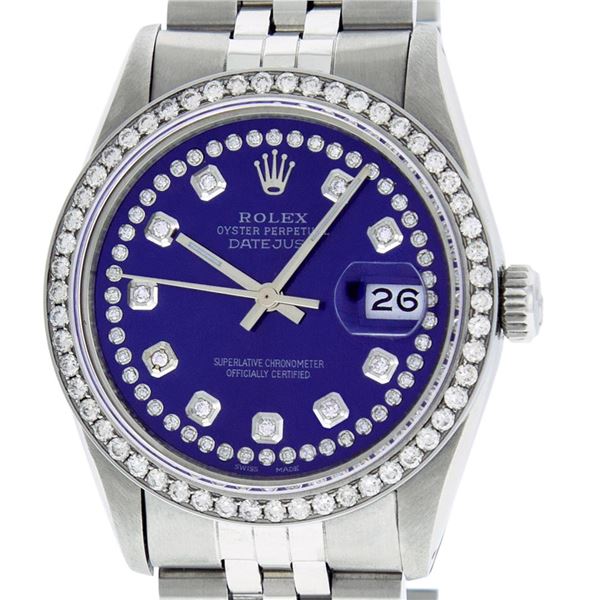 Rolex Mens Stainless Steel Blue Diamond 36MM Datejust Wristwatch