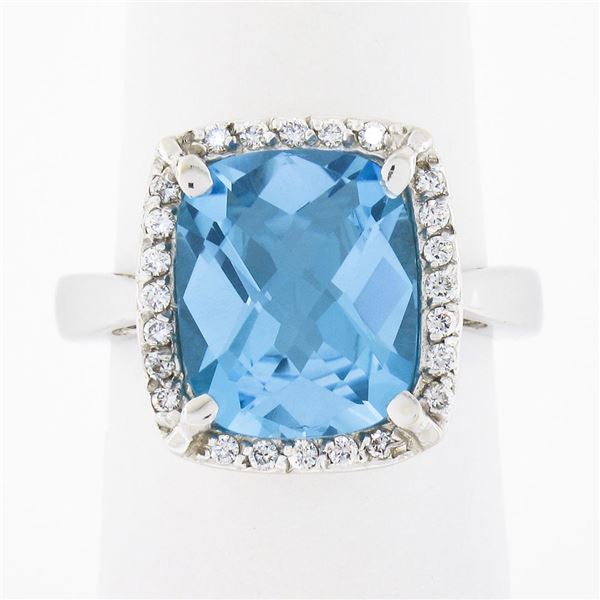 14k White Gold Cushion Checkerboard Swiss Blue Topaz Diamond Halo Cocktail Ring