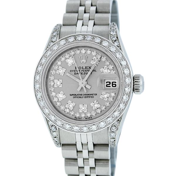 Rolex Ladies Quickset Sapphire Stainless Steel Grey Diamond Lugs Datejust Wristw