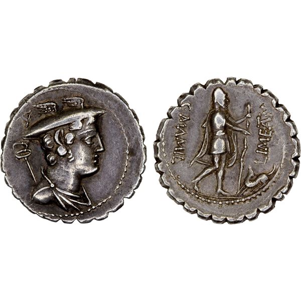 ROMAN REPUBLIC: C. Mamilius Limetanus, AR denarius serratus (4.02g), Rome, 82 BC, Choice VF