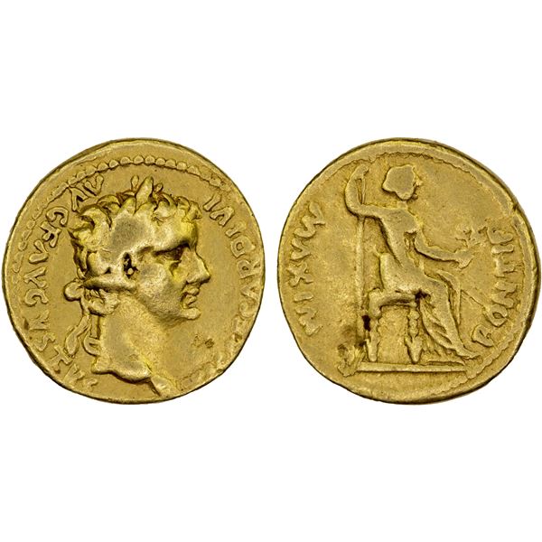 ROMAN EMPIRE: Tiberius, 14-37 AD, AV aureus (7.51g), Lugdunum, F-VF