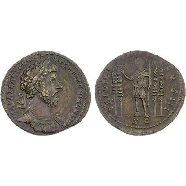 ROMAN EMPIRE: Marcus Aurelius, 161-180 AD, AE sestertius (23.87g), Rome, 164-165 AD, XF