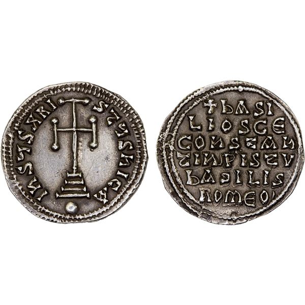 BYZANTINE EMPIRE: Basil I, the Macedonian, 867-886, AR miliaresion (2.88g), Constantinople, XF