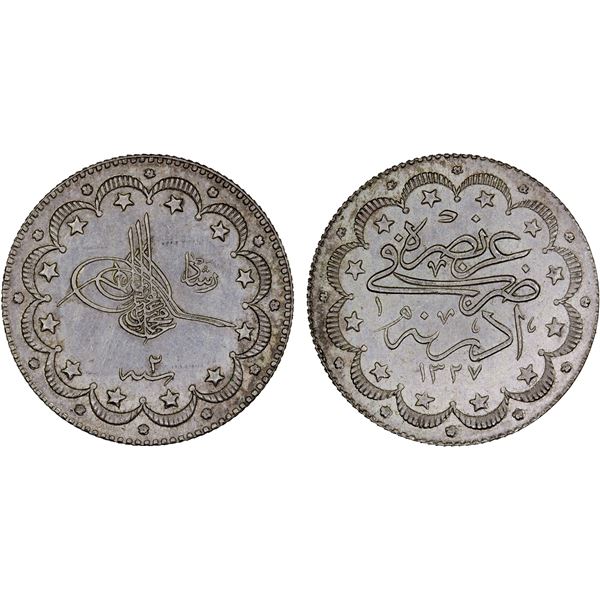 TURKEY: Muhammad V, 1909-1918, AR 10 kurush, Edirne, AH1327 year 2, Choice AU