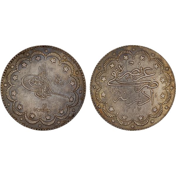 TURKEY: Muhammad V, 1909-1918, AR 10 kurush, Edirne, AH1327 year 2, XF-AU