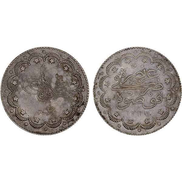 TURKEY: Muhammad V, 1909-1918, AR 10 kurush, Kosova, AH1327 year 3, XF-AU