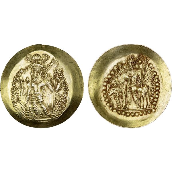 KUSHANO-SASANIAN: "Varahran", 3rd series, late 4th century, AV scyphate dinar (7.78g), XF