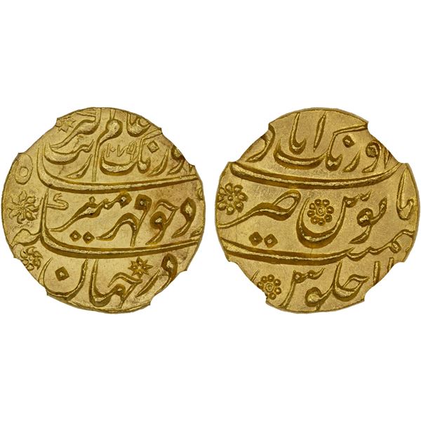 MUGHAL: Aurangzeb, 1658-1707, AV mohur (10.96g), Aurangabad, AH1079 year 11, NGC MS66