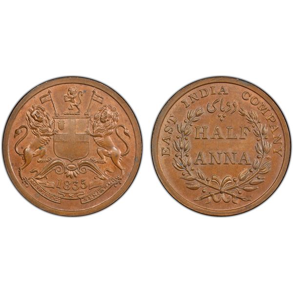 BRITISH INDIA: William IV, 1830-1837, AE 1/2 anna, PCGS MS64 RB