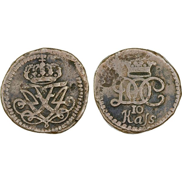 DANISH INDIA: TRANQUEBAR: Frederik IV, 1699-1730, AE 10 kas (9.46g), ND, VF