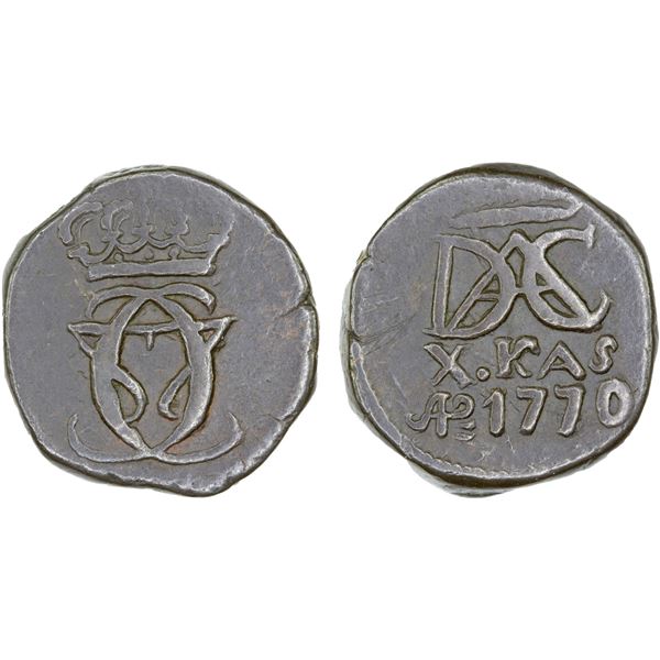DANISH INDIA: TRANQUEBAR: Christian VII, 1766-1808, AE 10 kas (6.59g), 1770, choice VF