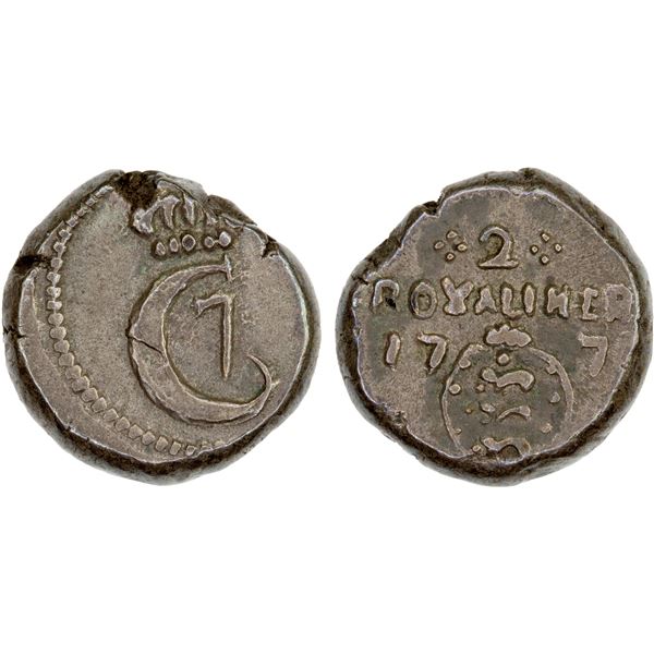 DANISH INDIA: TRANQUEBAR: Christian VII, 1766-1808, AR 2 royaliner (2.92g), 1770, VF-XF