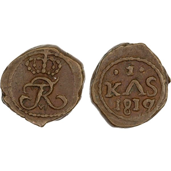 DANISH INDIA: TRANQUEBAR: Frederik VI, 1808-1839, AE 1 kas (0.64g), 1819, nearly XF