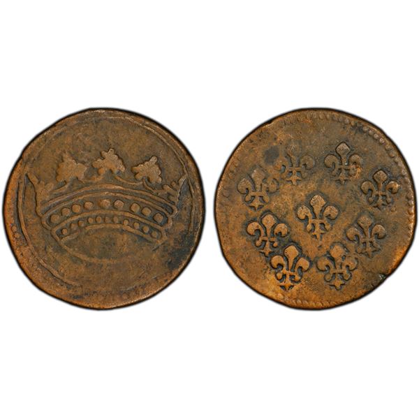 FRENCH INDIA: PONDICHÉRY: AE fanon (2 sols) (9.31g), Pondicherry, ND (1721-23), PCGS XF details