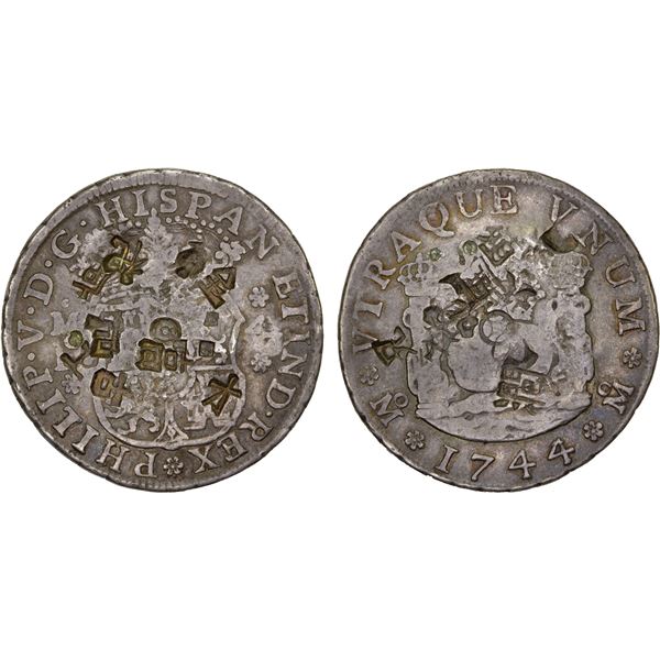 CHINESE CHOPMARKS: MEXICO: Felipe V, 1700-1746, AR 4 reales, 1744/3-Mo, VF
