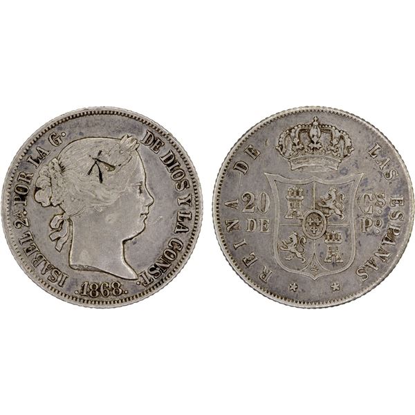 CHINESE CHOPMARKS: PHILIPPINES: Isabel II, 1833-1868, AR centimos, 1868, VF