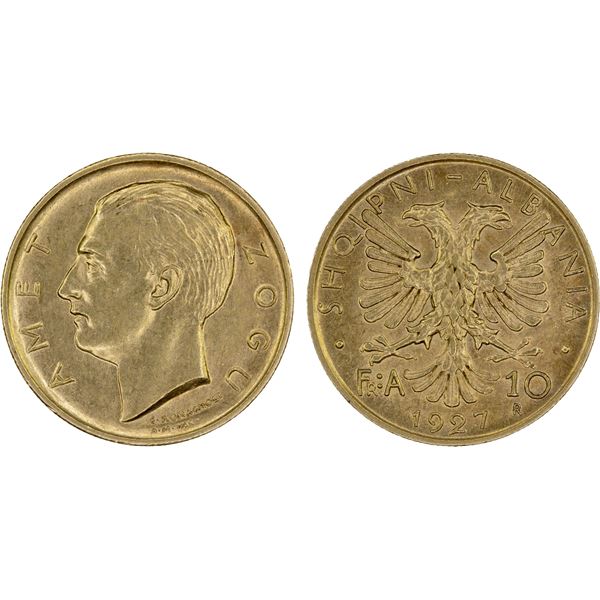 ALBANIA: Republic, AV 10 franga ari, 1927-R, UNC