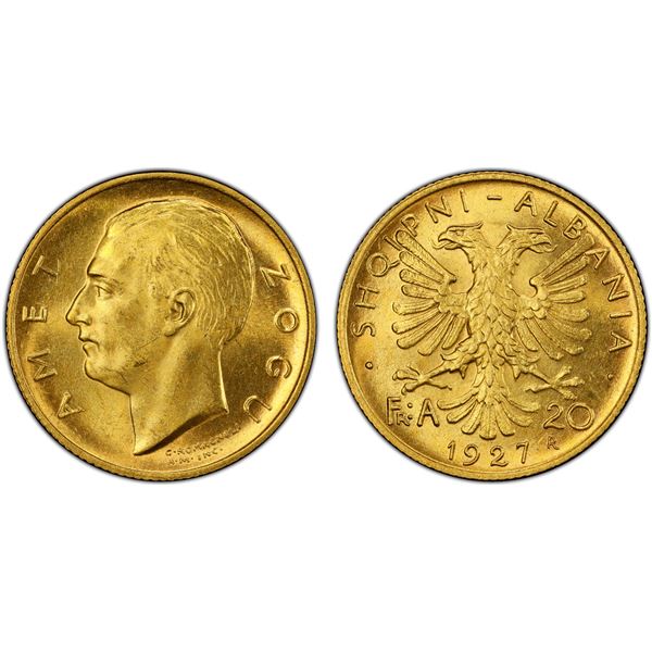 ALBANIA: First Republic, AV 20 franga ari, 1927-R, PCGS MS63