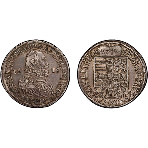 AUSTRIA: Maximilian III, 1602-1618, AR thaler, Hall, 1616, PCGS AU53