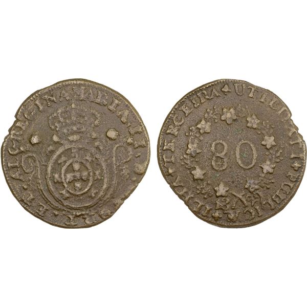 AZORES: Terceira Island: Maria II, in Exile, 1828-1833, AE 80 reis (23.77g), 1829, VF