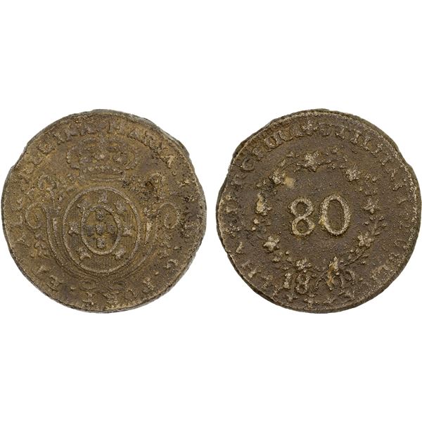 AZORES: Terceira Island: Maria II, in exile, 1828-1833, AE 80 reis (28.04g), 1829, VF