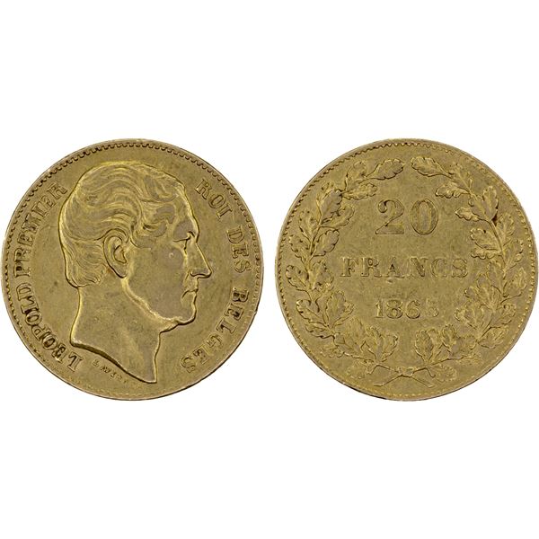 BELGIUM: Leopold I, 1831-1865, AV 20 francs, 1865, XF