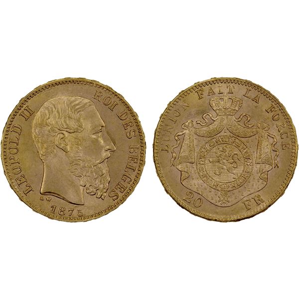 BELGIUM: Leopold II, 1865-1909, AV 20 francs, 1875, Choice UNC