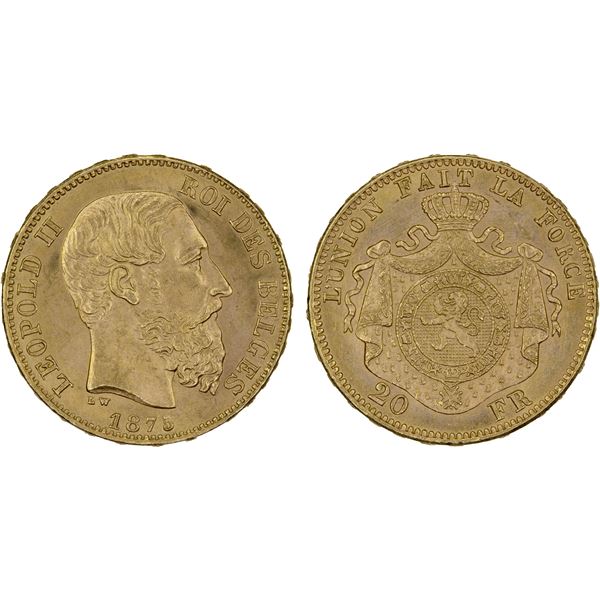 BELGIUM: Leopold II, 1865-1909, AV 20 francs, 1875, UNC