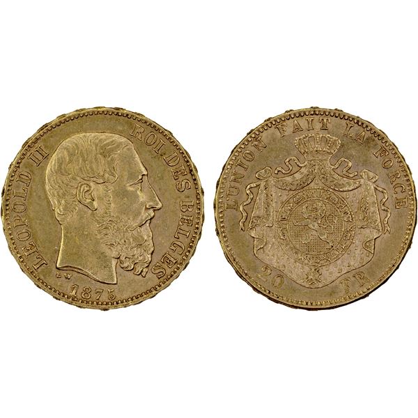 BELGIUM: Leopold II, 1865-1909, AV 20 francs, 1875, AU