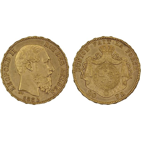 BELGIUM: Leopold II, 1865-1909, AV 20 francs, 1882, UNC