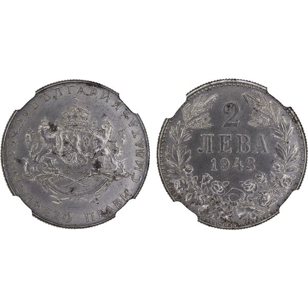 BULGARIA: Boris III, 1918-1943, iron 2 leva, 1943, NGC MS65