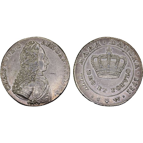 DENMARK: Christian VI, 1730-1746, AR krone, 1731-CW, XF